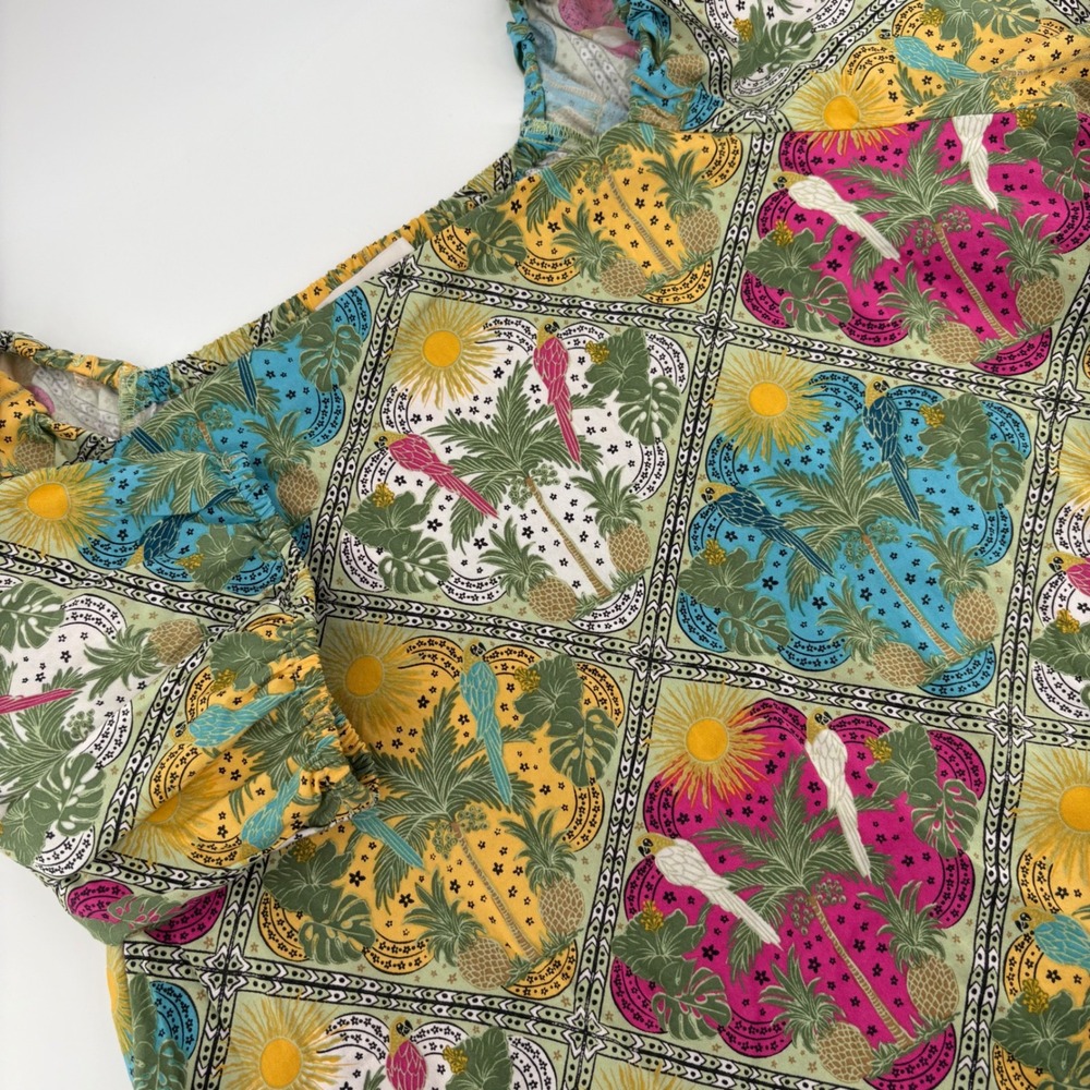 Loft Women's L Top Parrot Pineapple Print Square Neck Sleeve‎ Peasant Blouse
